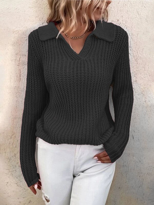Damen V-Ausschnitt Strickpullover mit Kragen R&B