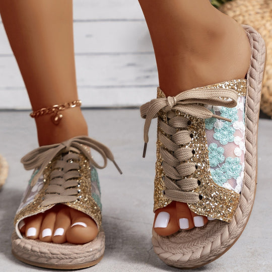 Damen Modische Zehentrenner-Pantoletten mit glitzernden Akzenten und floralen Details R&B