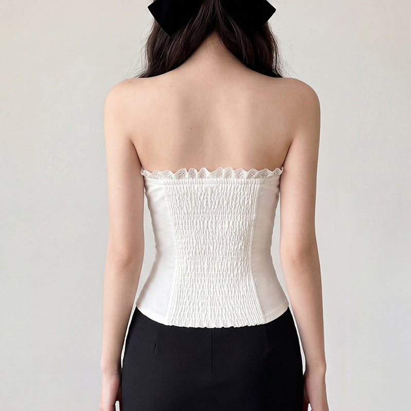 Damen Bustier-Oberteil mit dekorativem Rüschensaum und Knopfdetails R&B