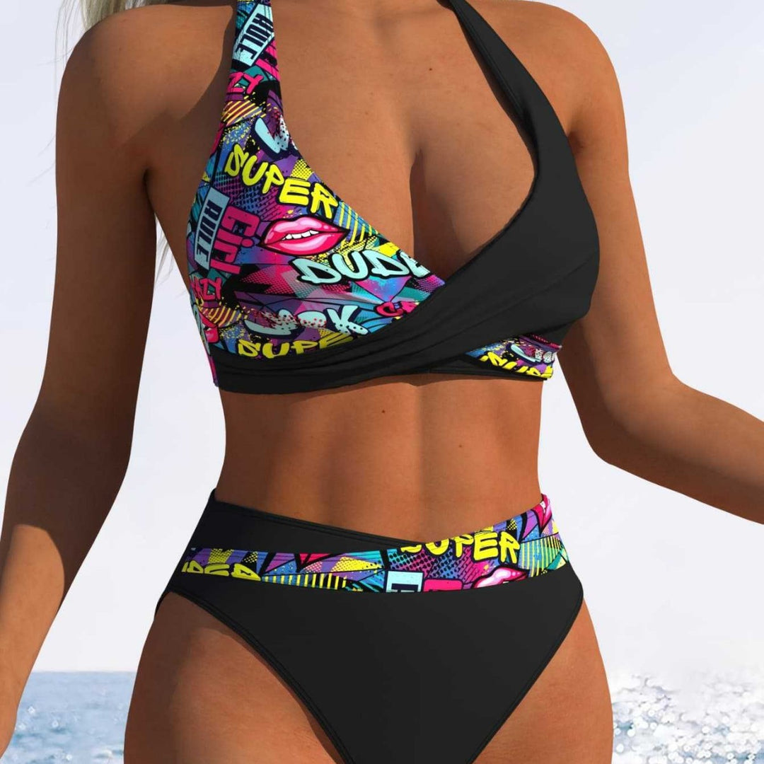 Damen Hoch geschnittenes Bikini-Set mit modischem Wickeloberteil und elastischem Bund R&B