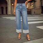 Damen Weite Jeans im modernen cropped Stil mit Kontrastabschlüssen R&B