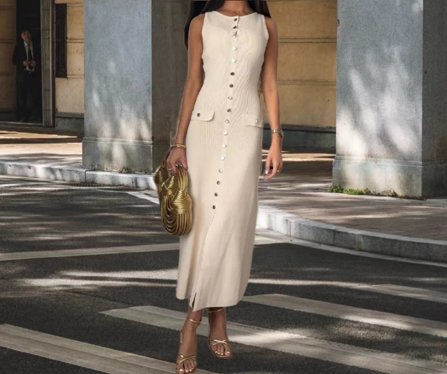 Damen Strickmaxikleid mit Knopfleiste und seitlichen Schlitzen R&B