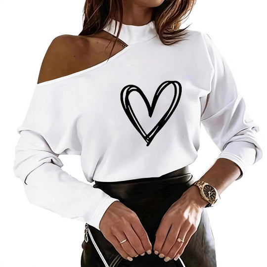 Damen Off-Shoulder Sweatshirt mit Herzmotiv R&B