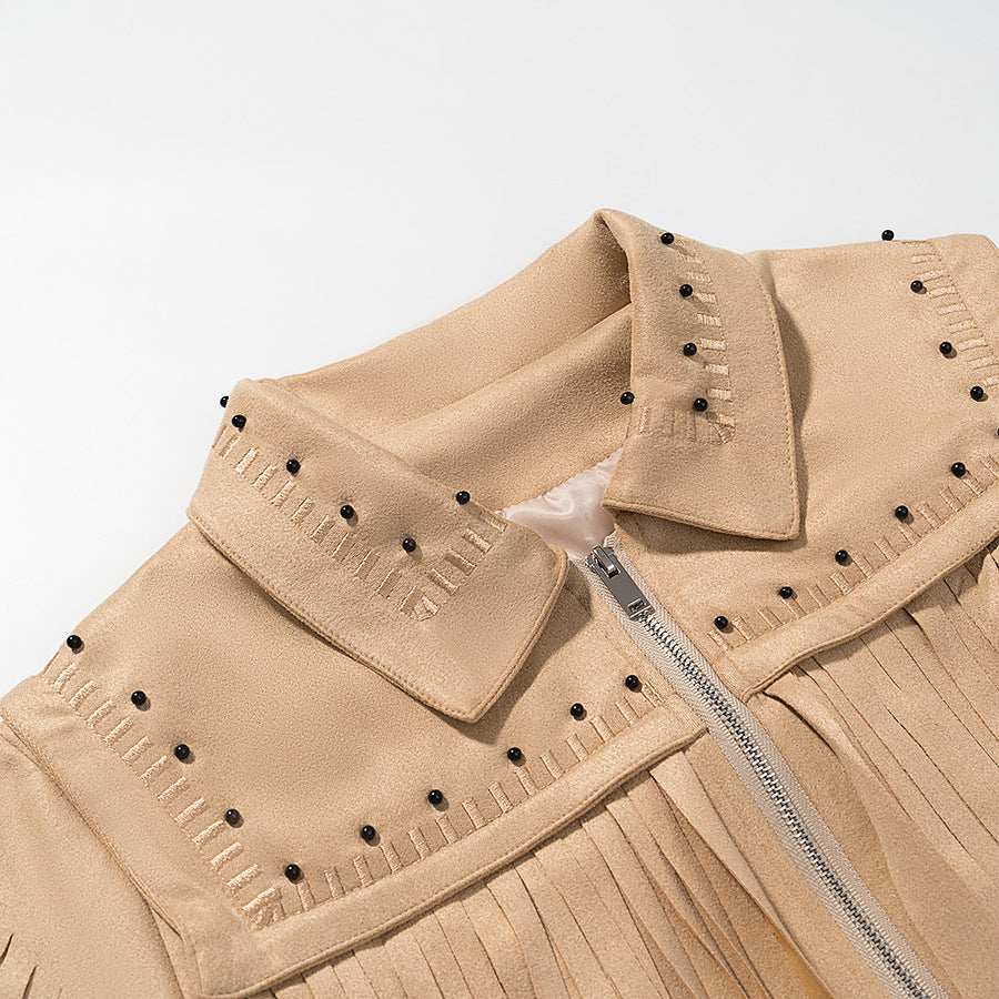Damen Fransenjacke aus Wildlederimitat mit Zipper und stilvollen Applikationen R&B