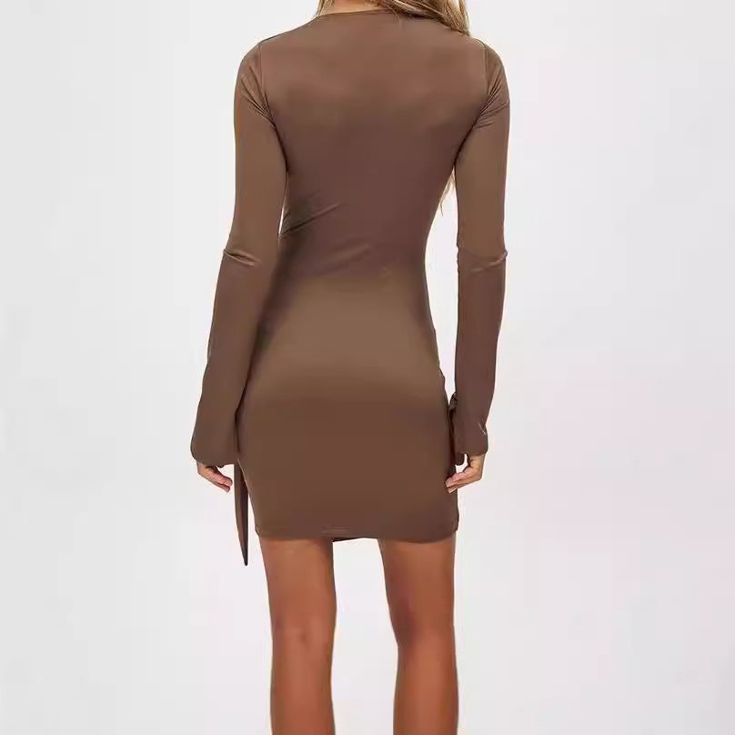 Damen Elegantes Wickelkleid mit langen Ärmeln und asymmetrischem Saum R&B