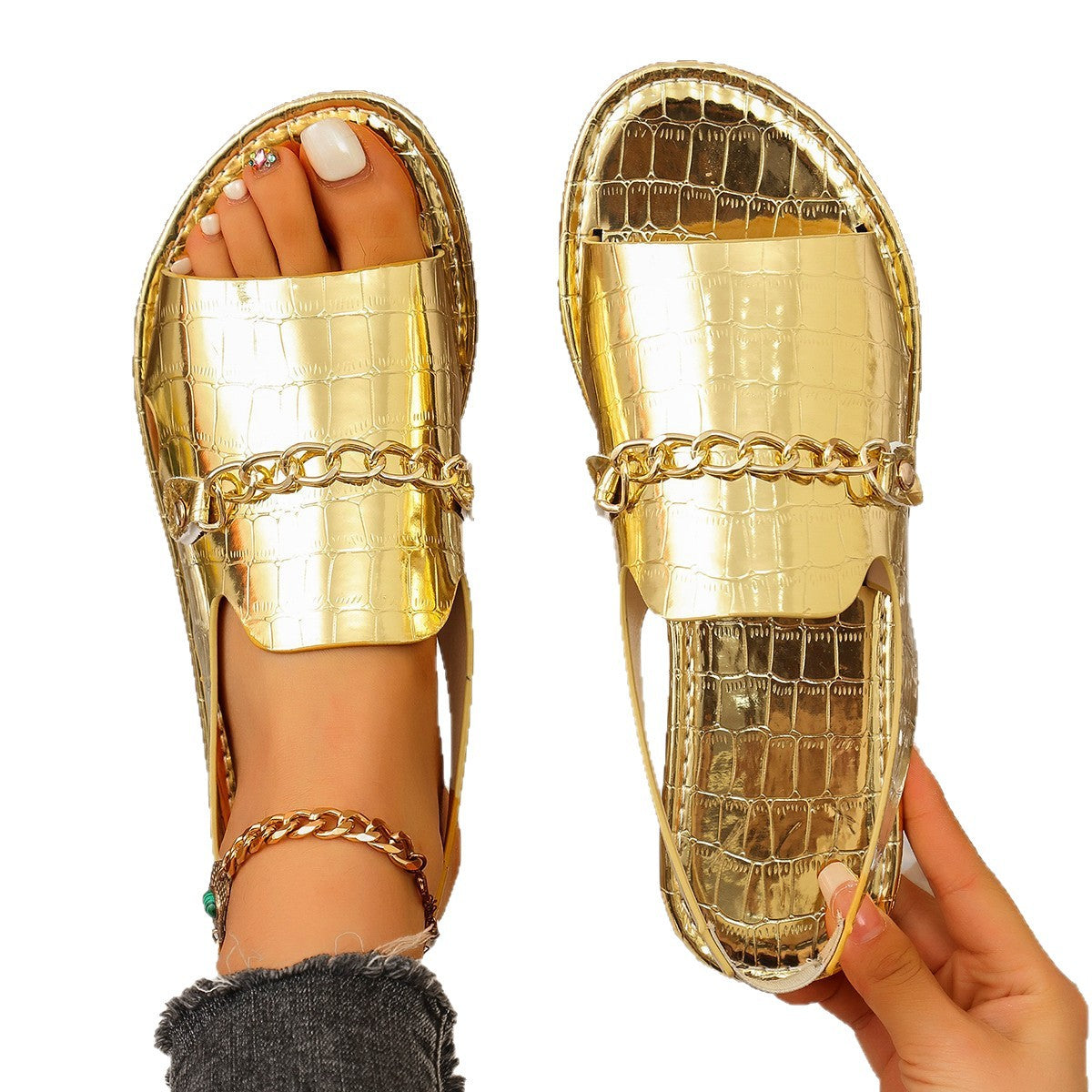 Damen Stilvolle Riemensandalen mit dekorativen Kettenakzenten R&B