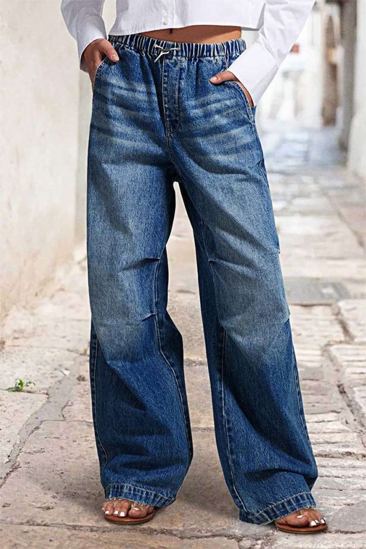 Damen weite Denim-Hose mit elastischem Bund und lässigem Design R&B