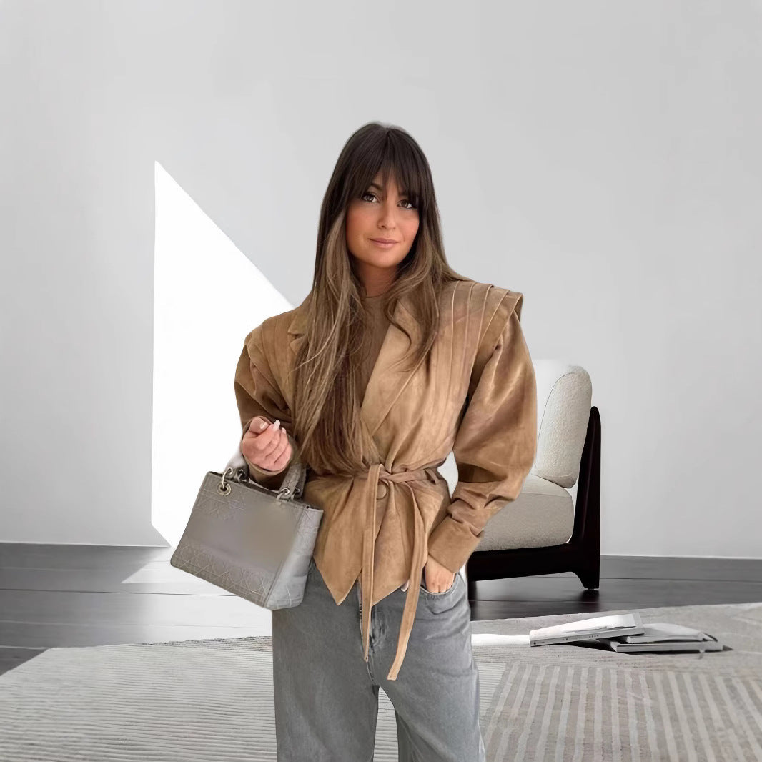 Damen schicke Wollblazerjacke mit Taillengürtel R&B