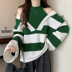 Damen V-Ausschnitt Oversized-Pullover mit modischem Streifenmuster und offenem Schulterdesign R&B