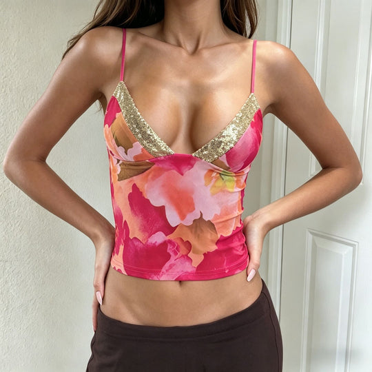 Damen Spaghetti-Trägertop mit floralem Design und glitzerndem Dekolleté R&B