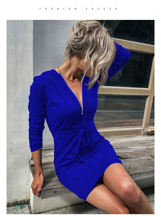 Damen Kapuzenkleid mit Reißverschluss und Taillenzug R&B