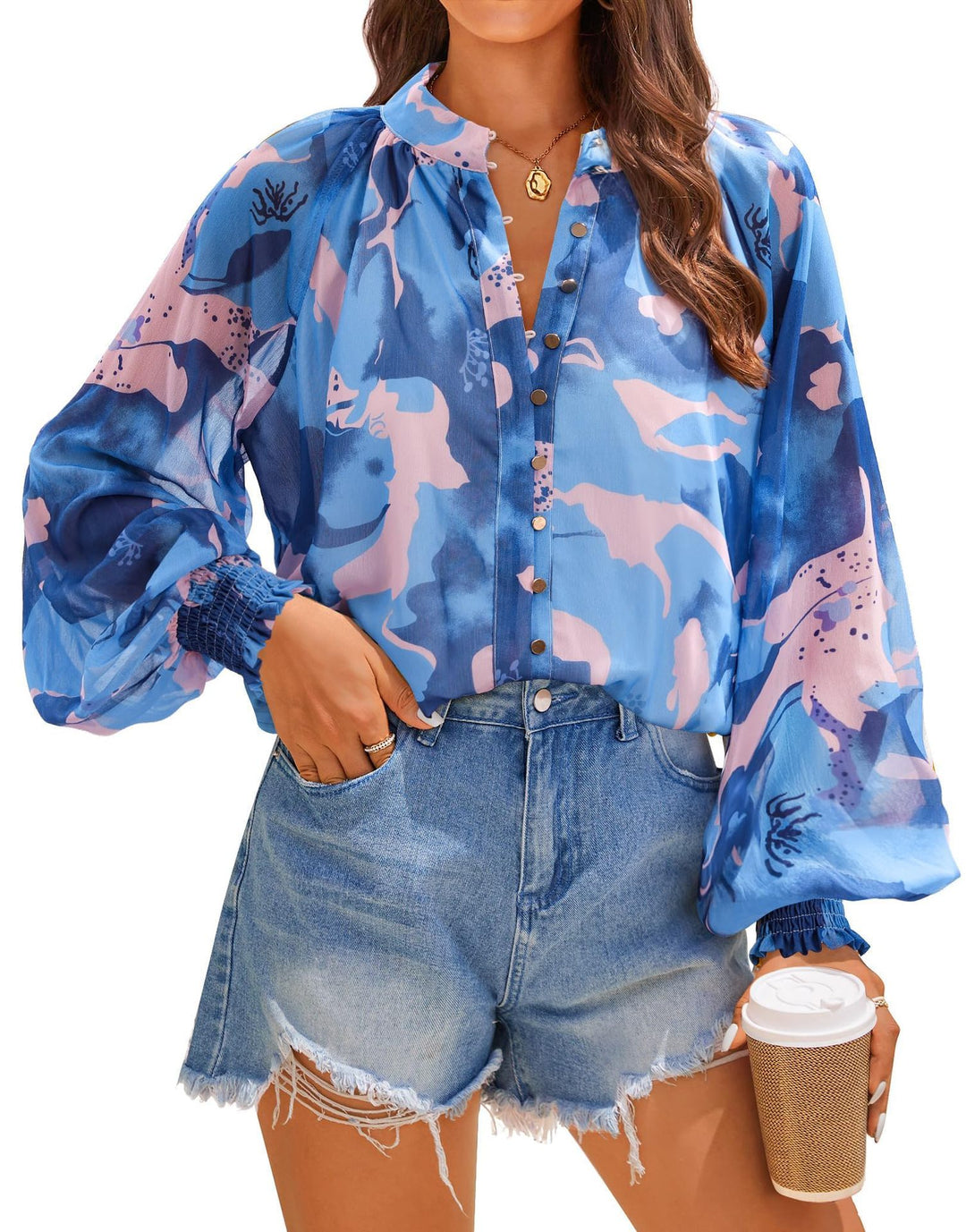 Damen Bluse mit kunstvollem Druck und geschöpften Ärmeln R&B