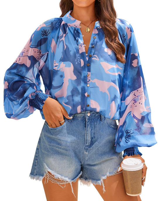 Damen Bluse mit kunstvollem Druck und geschöpften Ärmeln R&B