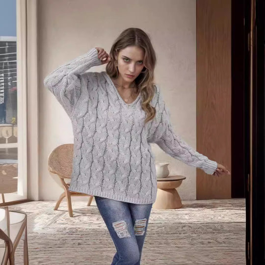 Damen Grobstrickpullover mit modernem Zopfdesign und weitem Schnitt R&B