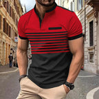 Herren nan kurzärmeliges Streifen-Kurzarmshirt mit Knopfleiste, Stehkragen und Brustpaspel R&B