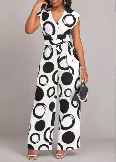 Damen Jumpsuit mit modernem Kreismuster und Taillengürtel R&B