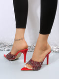 Damen Glamouröse High Heel Mules mit schimmerndem Strassbesatz R&B