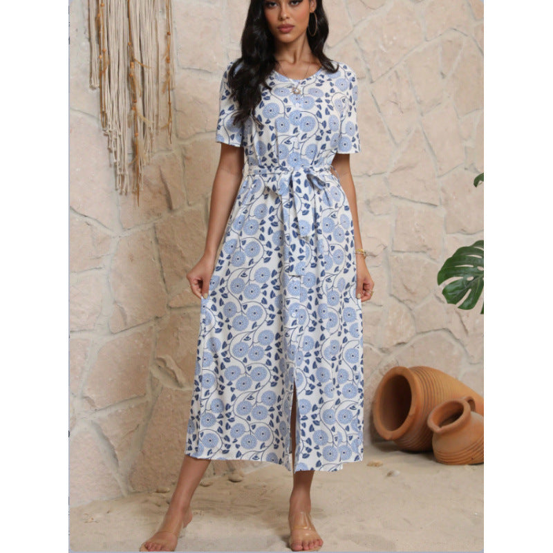 Damen Langarmmaxikleid mit floralem Design und elegantem Bindegürtel R&B