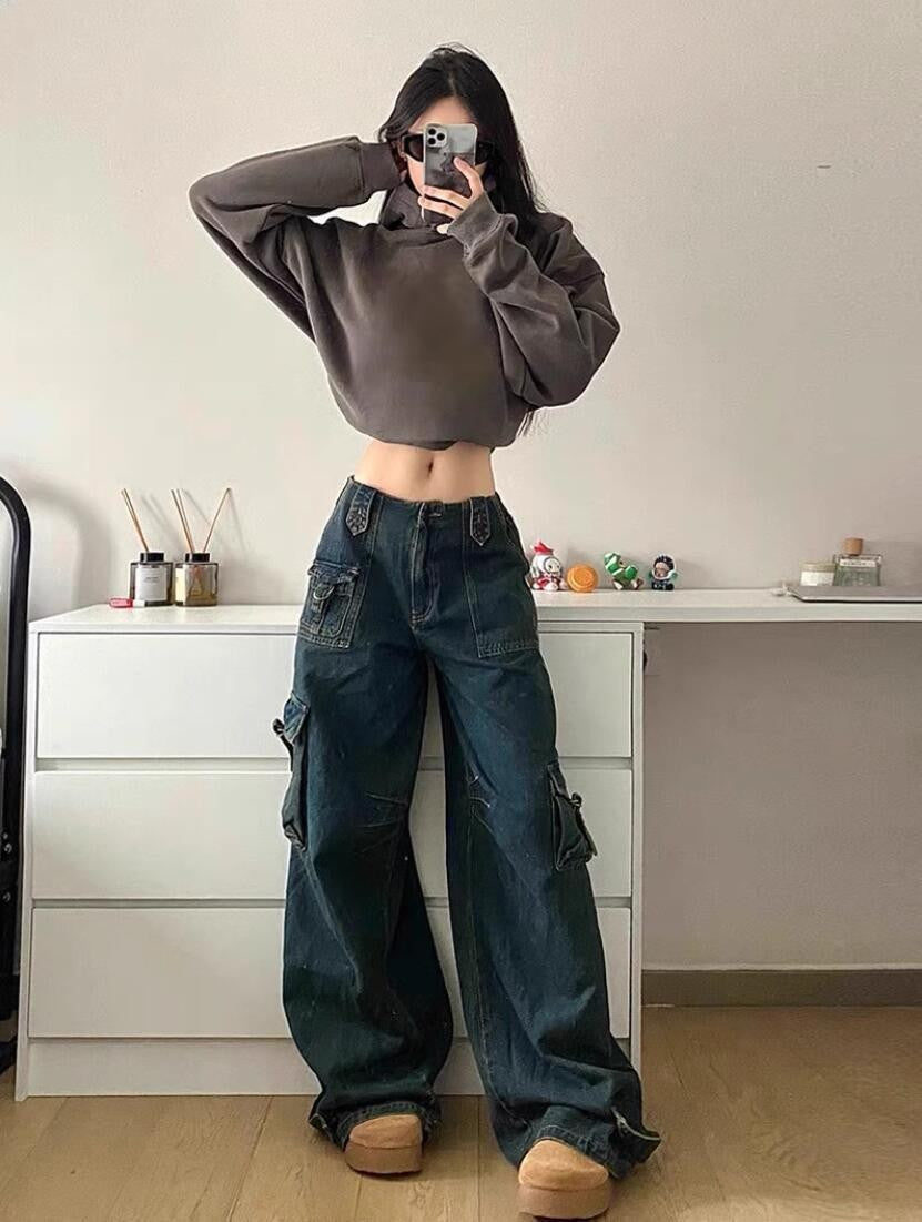 Damen Cargo-Jeans im lässigen Oversized-Stil mit praktischen Seitentaschen R&B