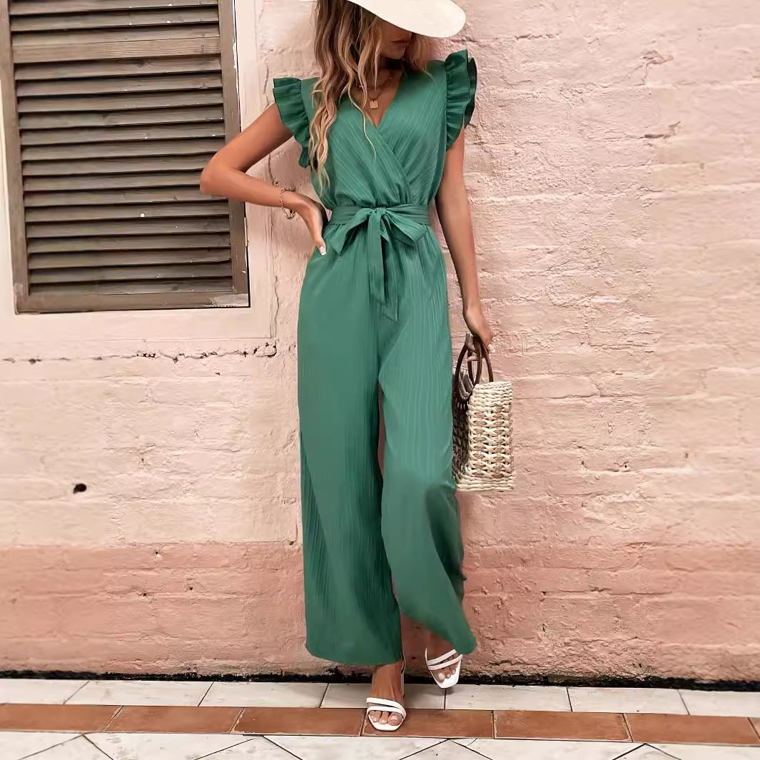 Damen Eleganter Jumpsuit mit Taillengürtel und Rüschendetails R&B