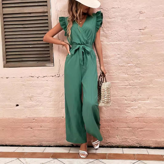 Damen Eleganter Jumpsuit mit Taillengürtel und Rüschendetails R&B