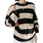 Damen modischer Strickpullover mit breiten Streifen und lockerer Passform R&B