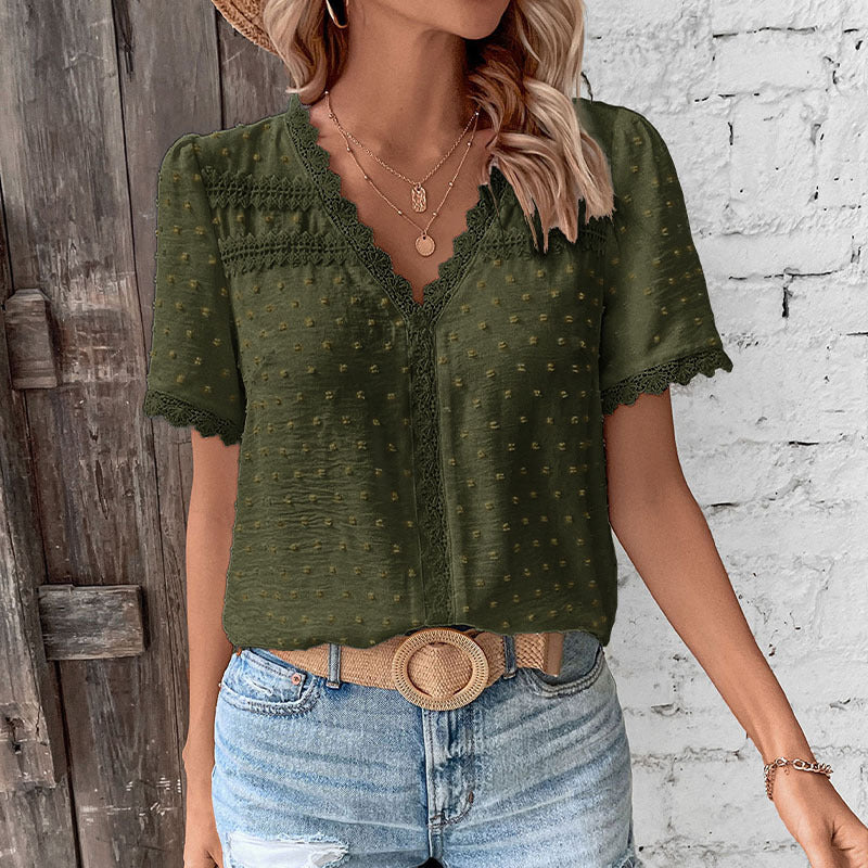 Damen Bluse mit zarten Spitzenakzenten und modernem V-Ausschnitt R&B