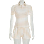 Damen gestreiftes Schlafset mit Poloshirt und Shorts R&B