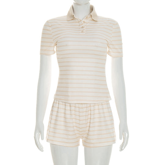 Damen gestreiftes Schlafset mit Poloshirt und Shorts R&B
