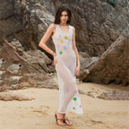 Damen transparenter Häkel-Strandüberwurf mit floralen Applikationen R&B