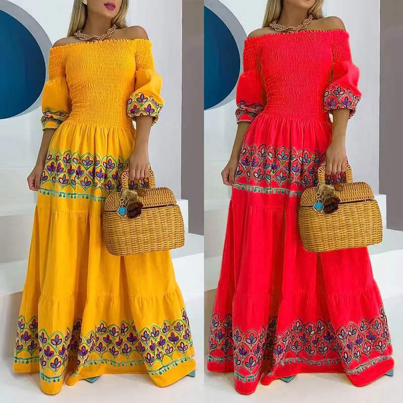 Damen Boho-Maxikleid mit schulterfreiem Design und verspieltem Stickereidetail EB