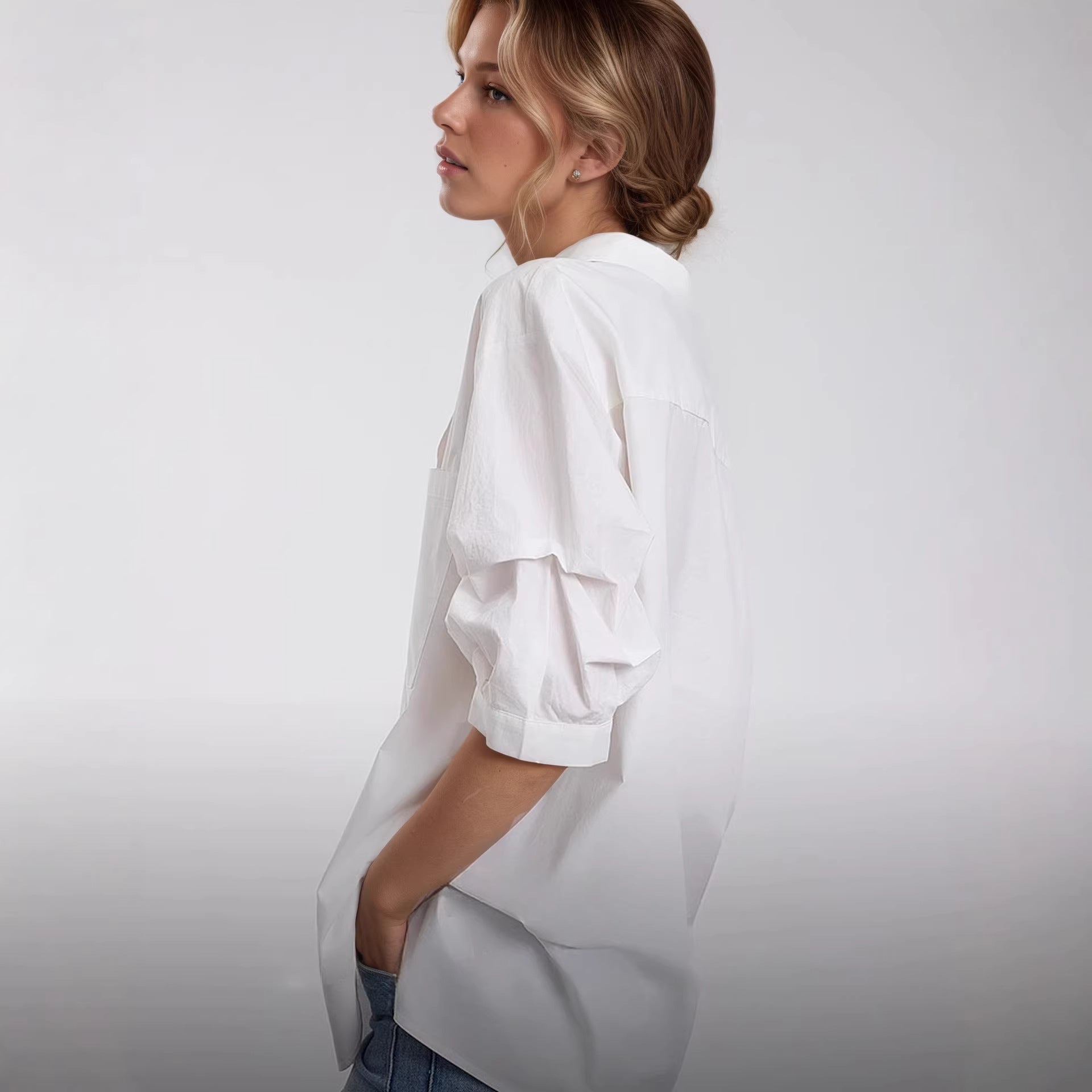 Damen Elegante Oversized Bluse aus hochwertigem Baumwollmix mit verdeckter Knopfleiste R&B