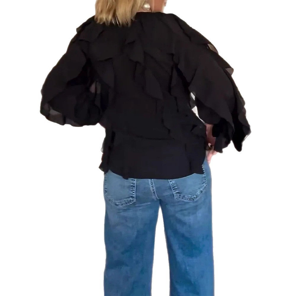 Damen nan semitransparente Lagenvolant-Bluse aus Chiffon mit Ballonärmeln und verdeckter Knopfleiste R&B