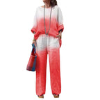 Damen lässiges Leinen-Outfit mit weiten Hosen und lockerer Bluse