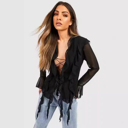 Damen Rüschenshirt mit eleganten Schnürdetails und transparenten Ärmeln R&B