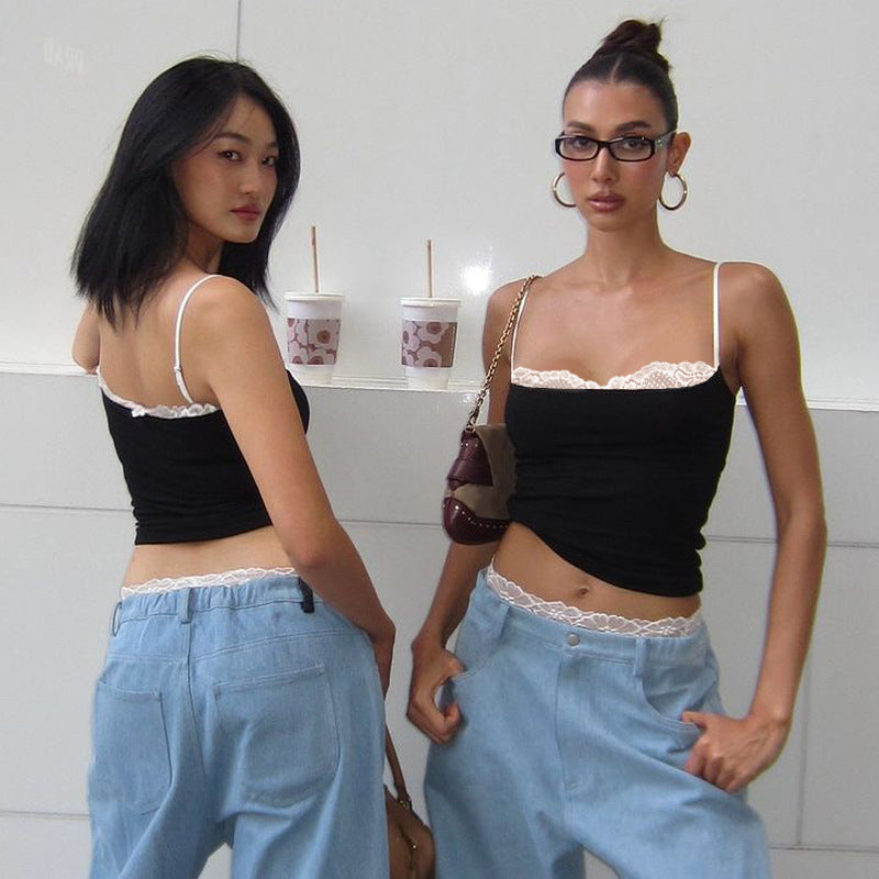 Damen Crop-Top mit zartem Spitzenrand und schmalen Trägern R&B