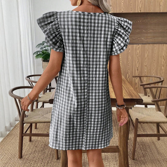 Damen Kurzarmkleid im modernen Vichy-Design mit Rüschendetails R&B