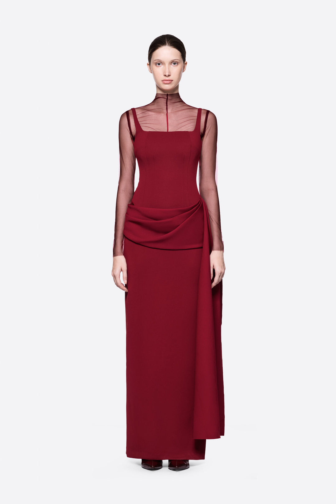 Damen Elegantes Maxikleid mit transparenten Ärmeln und drapiertem Rock R&B