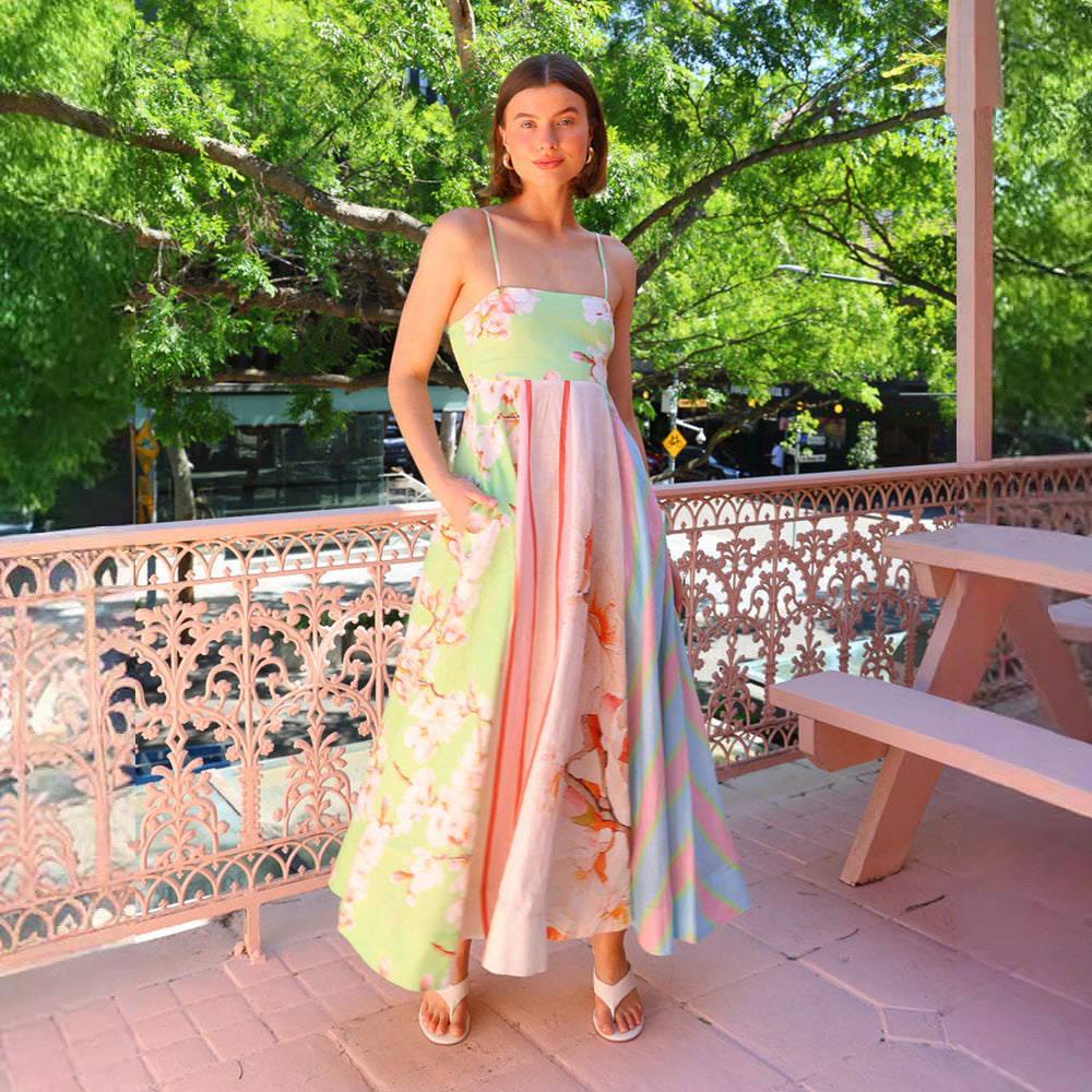 Damen Maxikleid mit floralem und gestreiftem Design R&B