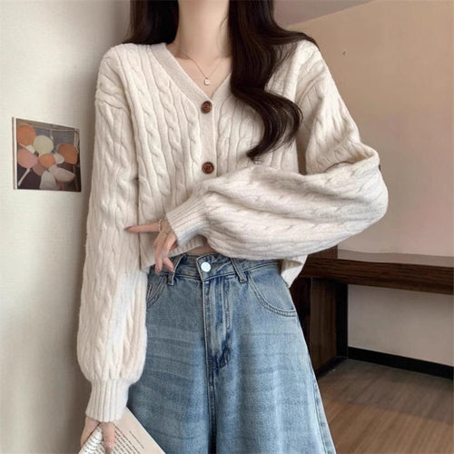 Damen kuscheliger Strickcardigan mit V-Ausschnitt und großen Knöpfen R&B