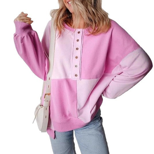 Damen lässiger Kapuzenpullover mit Knopfdetails und Farbblockdesign R&B