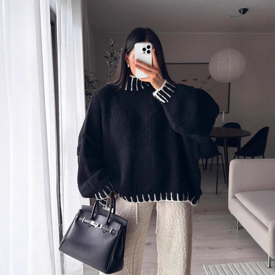 Damen lässiger Grobstrickpullover mit voluminösen Ärmeln und hohem Kragen R&B