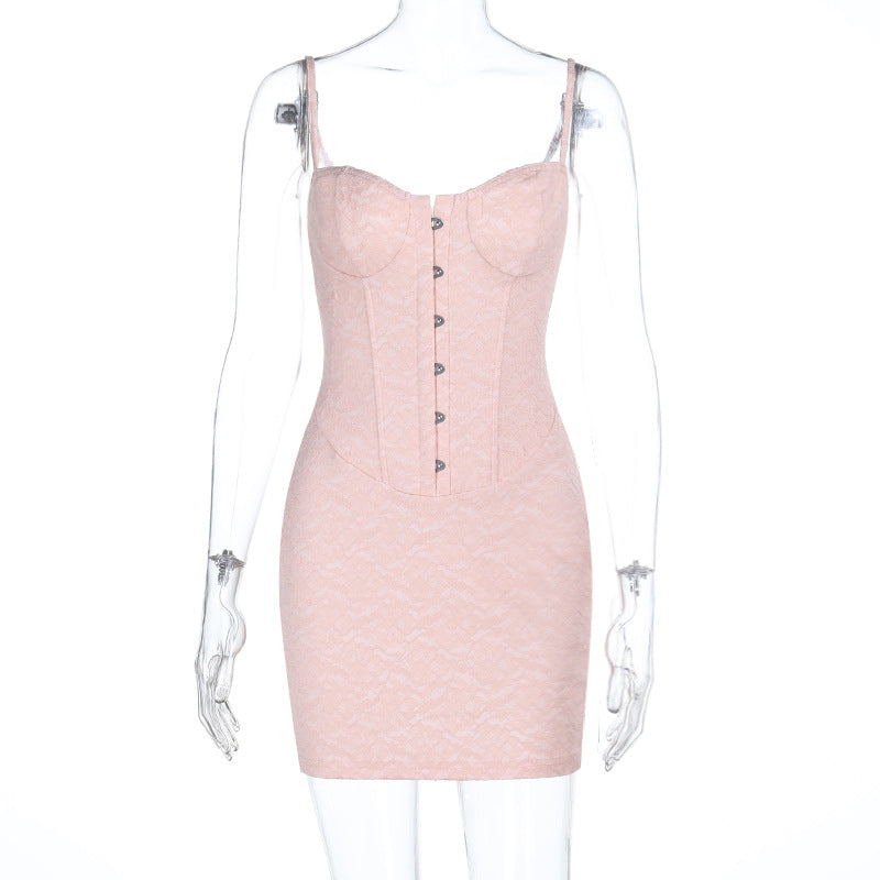 Damen minimalistisches Korsettkleid mit eleganter Knopfleiste und Spitzenakzenten R&B