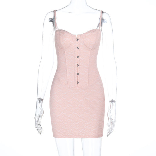 Damen minimalistisches Korsettkleid mit eleganter Knopfleiste und Spitzenakzenten R&B