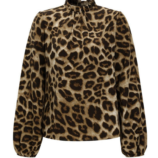 Damen Bluse mit elegantem Leopardenmuster und Rüschenkragen R&B