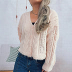 Damen kuschelige Strickjacke mit Zopfmuster und V-Ausschnitt R&B