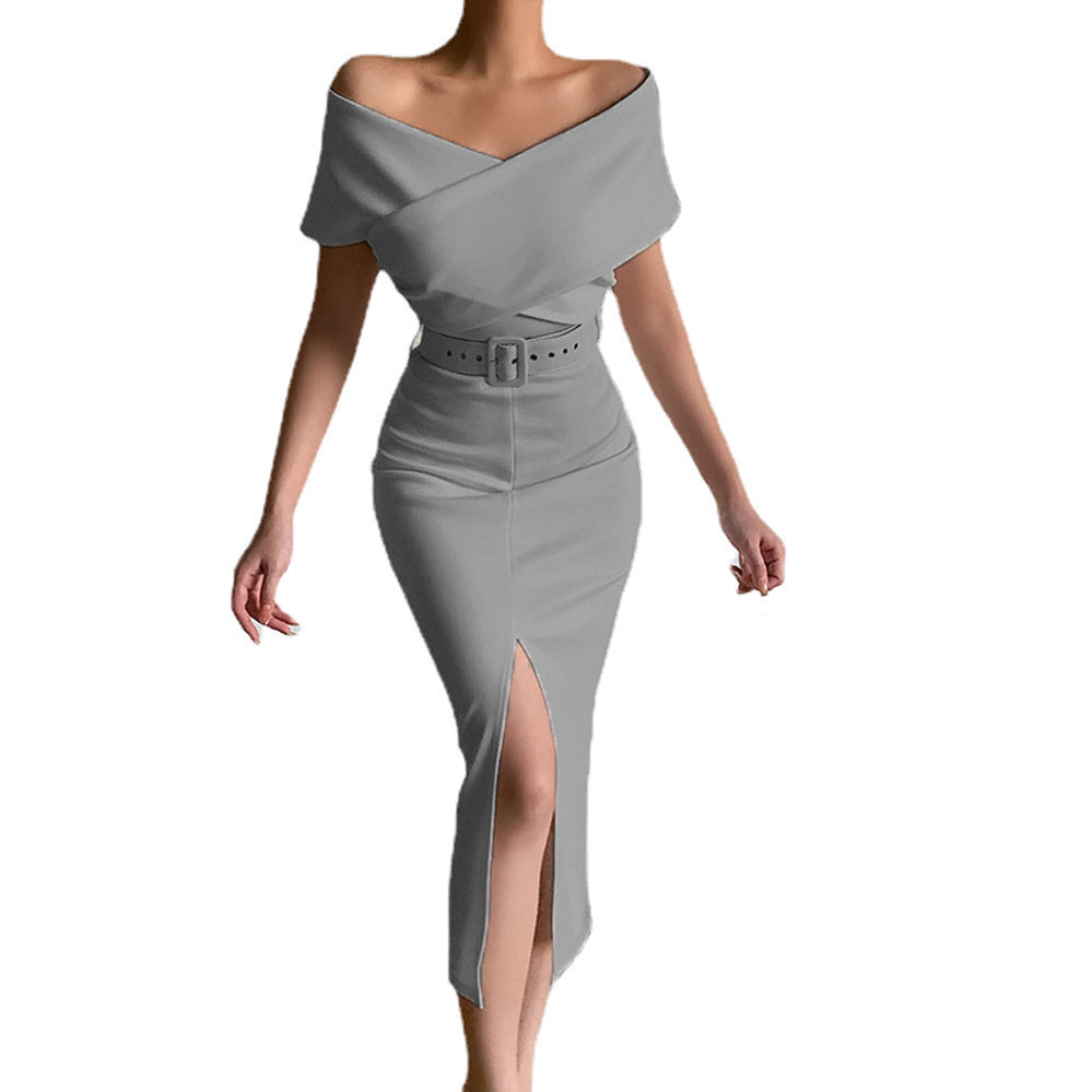 Damen figurbetontes Midi-Kleid mit Off-Shoulder-Ausschnitt und seitlichem Schlitz R&B