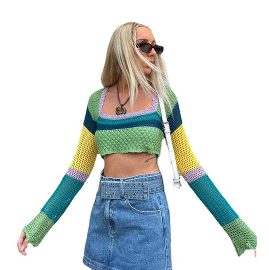 Damen luftiges gehäkeltes Crop-Top mit auffälligem Streifenmuster R&B