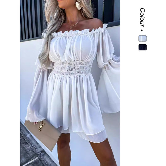 Damen Off-Shoulder Minikleid mit elastischem Taillenband und fließendem Stoff R&B