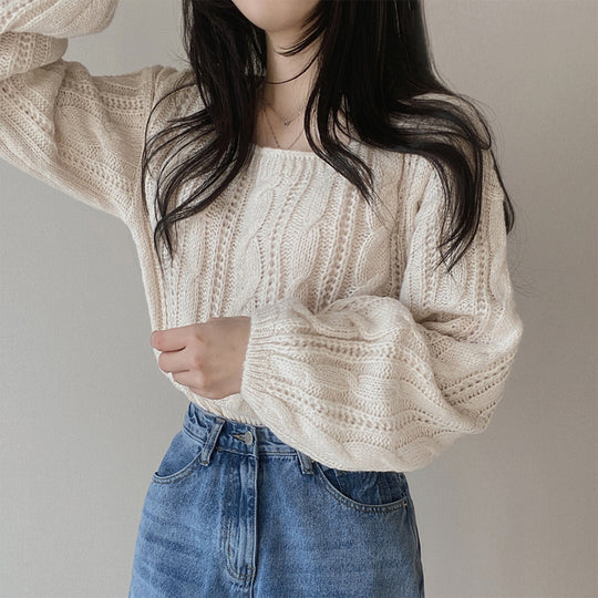 Damen modischer Strickpullover mit Kabelmuster und weitem Schnitt R&B